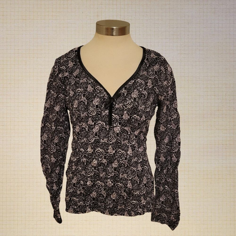 Y2K Stretchy Black Pink Rose Bow Neck Business Casual Blouse L